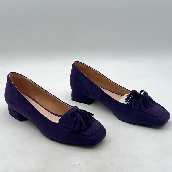 YDN Dark Purple Block Low Heel Loafer Square Toe Tassel Fringe Pump Slip On Shoe - Picture 4 of 8